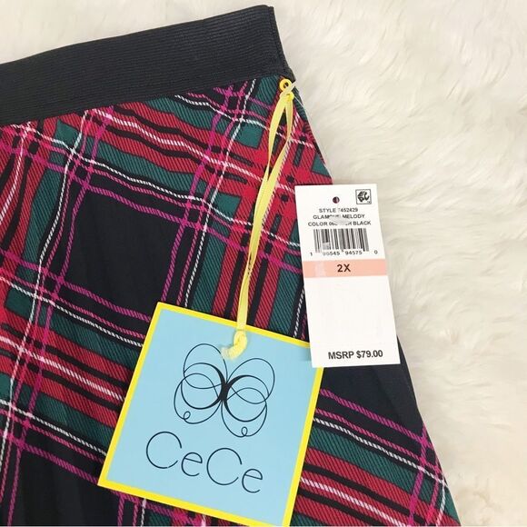 New CECE Black Red Plaid Pleated Midi Skirt Elastic Waist Pull On Tartan Size 2X - Picture 5 of 10